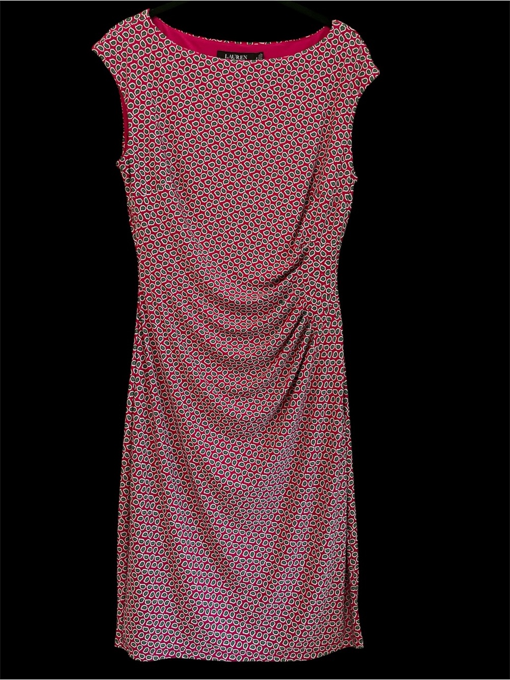 Lauren Ralph Lauren pink geometric-print ruched sheath dress with a boat neckl